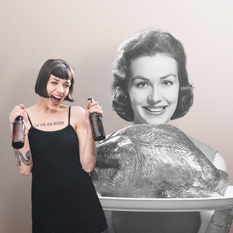 Diese Collage zum Thema Gäste zeigt eine Frau, die flüstert, eine Frau mit Braten in der Hand und eine mit Bier