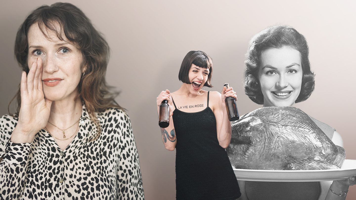 Diese Collage zum Thema Gäste zeigt eine Frau, die flüstert, eine Frau mit Braten in der Hand und eine mit Bier