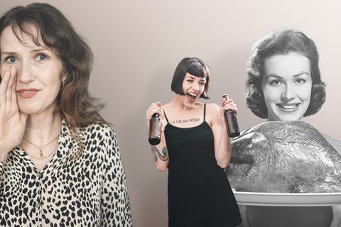 Diese Collage zum Thema Gäste zeigt eine Frau, die flüstert, eine Frau mit Braten in der Hand und eine mit Bier