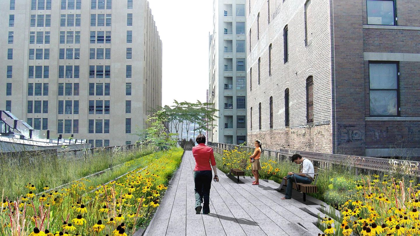 New York: "Ein gerader Gehweg, der entlang der Bahngleise verläuft, ist von einer Landschaft aus einheimischen Arten umgeben, die einst spontan auf der High Line wuchsen, durchsetzt mit neuen Arten, die dafür sorgen, dass sie während der gesamten Vegetationsperiode blühen", heißt es im Konzept, zu der auch diese Grafik gehört "Ein gerader Gehweg, der entlang der Bahngleise verläuft, ist von einer Landschaft aus einheimischen Arten umgeben, die einst spontan auf der High Line wuchsen, durchsetzt mit neuen Arten, die dafür sorgen, dass sie während der gesamten Vegetationsperiode blühen", heißt es im Konzept, zu der auch diese Grafik gehört