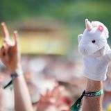 Horn auf dem Kopf, ausdrucksloses Gesicht – eigentlich hätte man wissen können, das Einhörner wahre Rocker sind. Ein Exemplar hat sich auf die Hand eines Fans verirrt. Vermutlich für die bessere Sicht auf die Bühne.