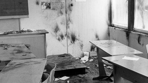 Blick in das zerstörte Klassenzimmer der katholischen Volksschule in Volkhoven