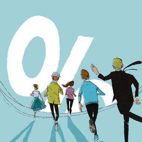 Zinsen: Illustration auf der Menschen auf eine große Null zulaufen.