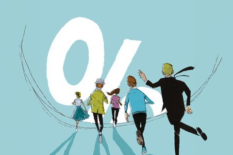 Zinsen: Illustration auf der Menschen auf eine große Null zulaufen.
