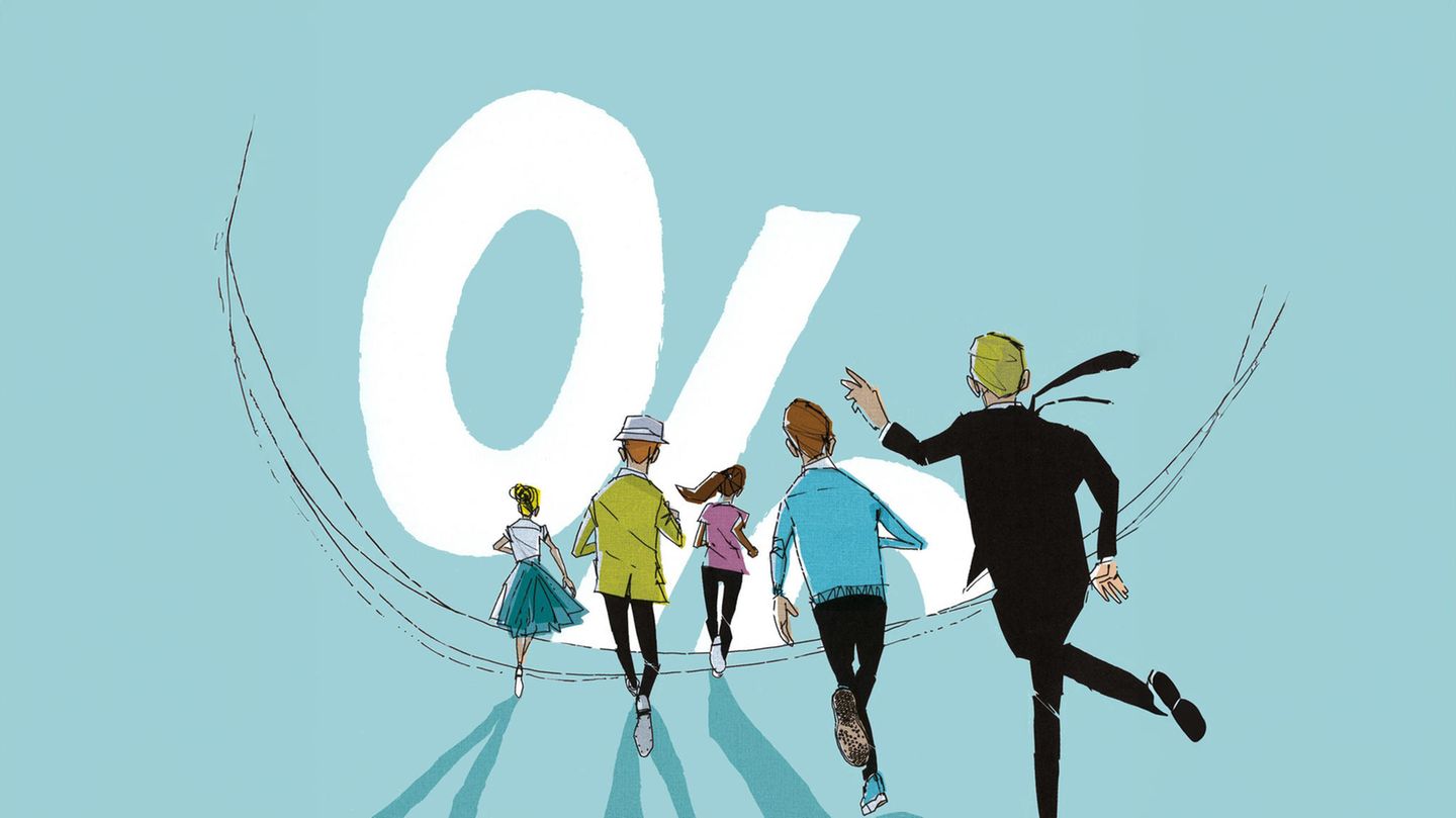 Zinsen: Illustration auf der Menschen auf eine große Null zulaufen.