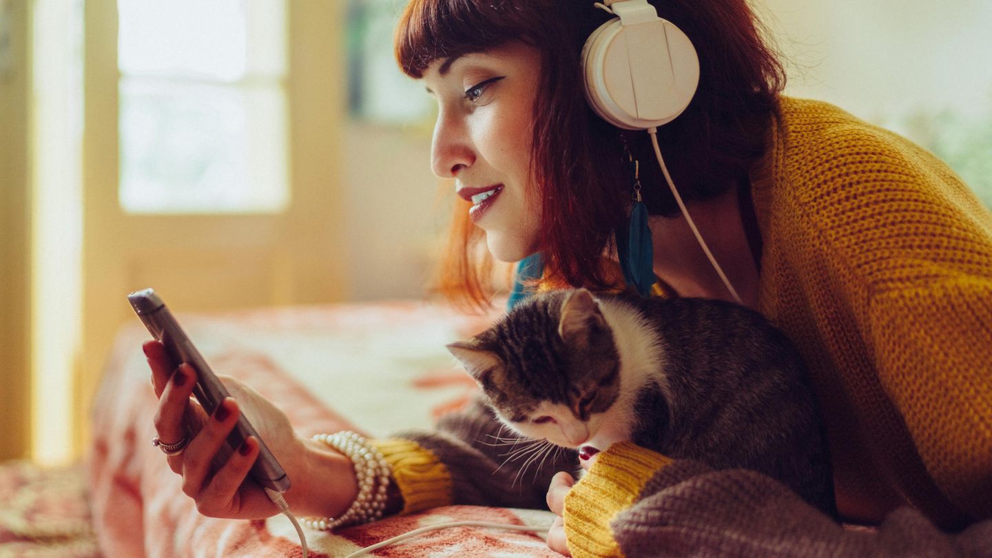 Smartphone-Tarife für junge Leute – junge Frau mit Katze und Handy auf dem Bett.