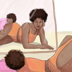 Illustration zeigt: Eine Frau betrachtet sich Selbstbewusst im Spiegel während ihre kleine Tochter auf ihrer Hüfte liegt