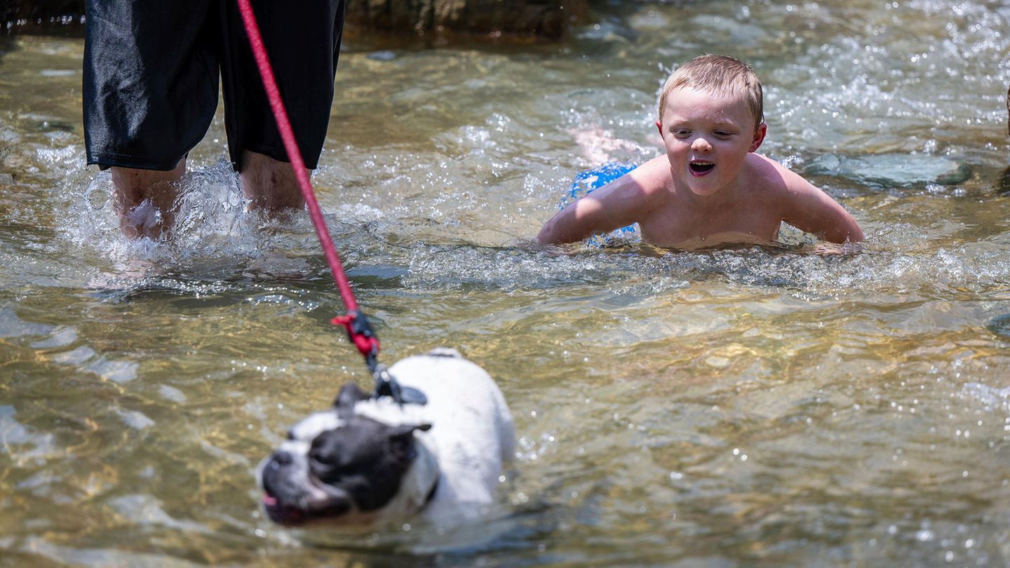 Auf der anderen Seite der USA sind Menschen auf der Suche nach Abkühlung: Der sechsjährige James Charles Liptak und sein Hund Rumble erfrischen sich bei der drückenden Hitze mit einem Spaziergang in den Wassertreppen am PNC Park im North Shore Viertel von Pittsburgh in Massachusetts