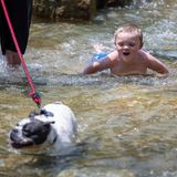 Auf der anderen Seite der USA sind Menschen auf der Suche nach Abkühlung: Der sechsjährige James Charles Liptak und sein Hund Rumble erfrischen sich bei der drückenden Hitze mit einem Spaziergang in den Wassertreppen am PNC Park im North Shore Viertel von Pittsburgh in Massachusetts