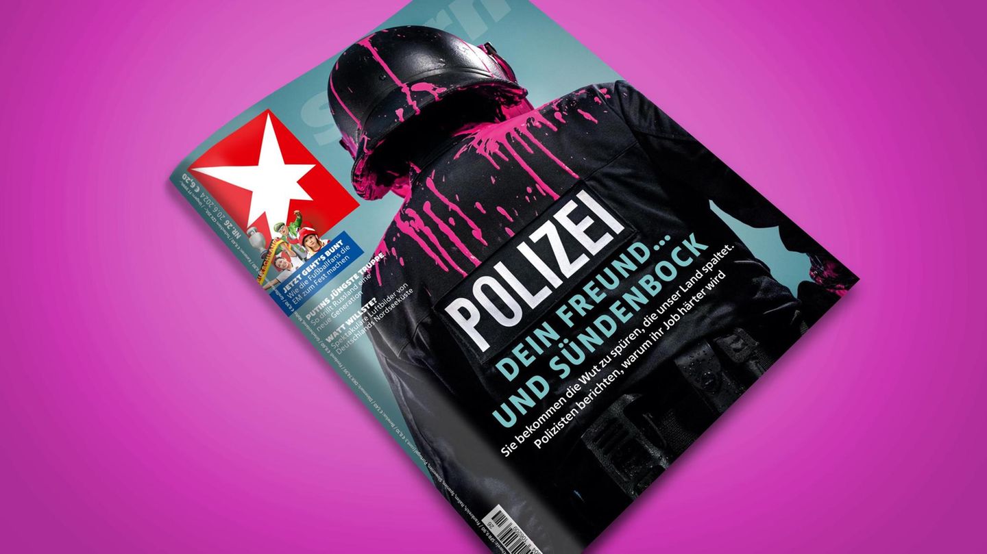 Das Cover des stern "Polizei – dein Freund und Sündenbock" zeigt einen Polizisten von hinten, der mit Farbe beschmiert ist