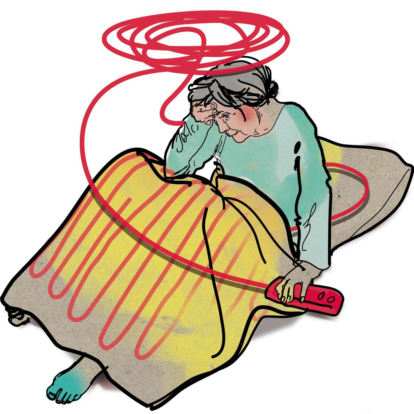 Illustration einer Frau mit Heizdecke