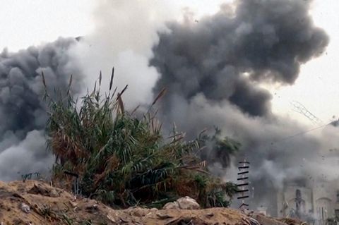 Explosion hinter grünem Gestrüpp: Durch den Krieg in Gaza wurde auch die Natur massiv geschädigt