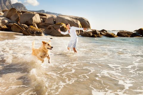 Hundefreundliche Strände in Europa – Mann mit Hund am Strand.