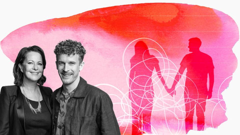 Symbolbild Beziehung: Illustration zwei Personen, die sich festhalten, davor die Kolumnistinnen