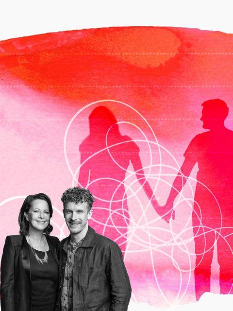 Symbolbild Beziehung: Illustration zwei Personen, die sich festhalten, davor die Kolumnistinnen