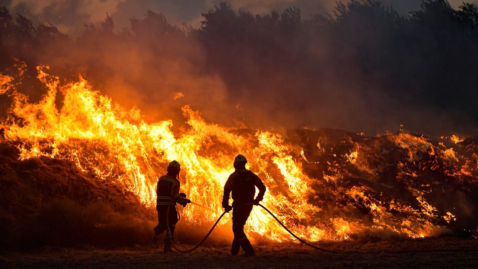 August 2023: Bei Mendigorria, Spanien, versuchen Feuerwehrleute einen Brand unter Kontrolle zu bringen