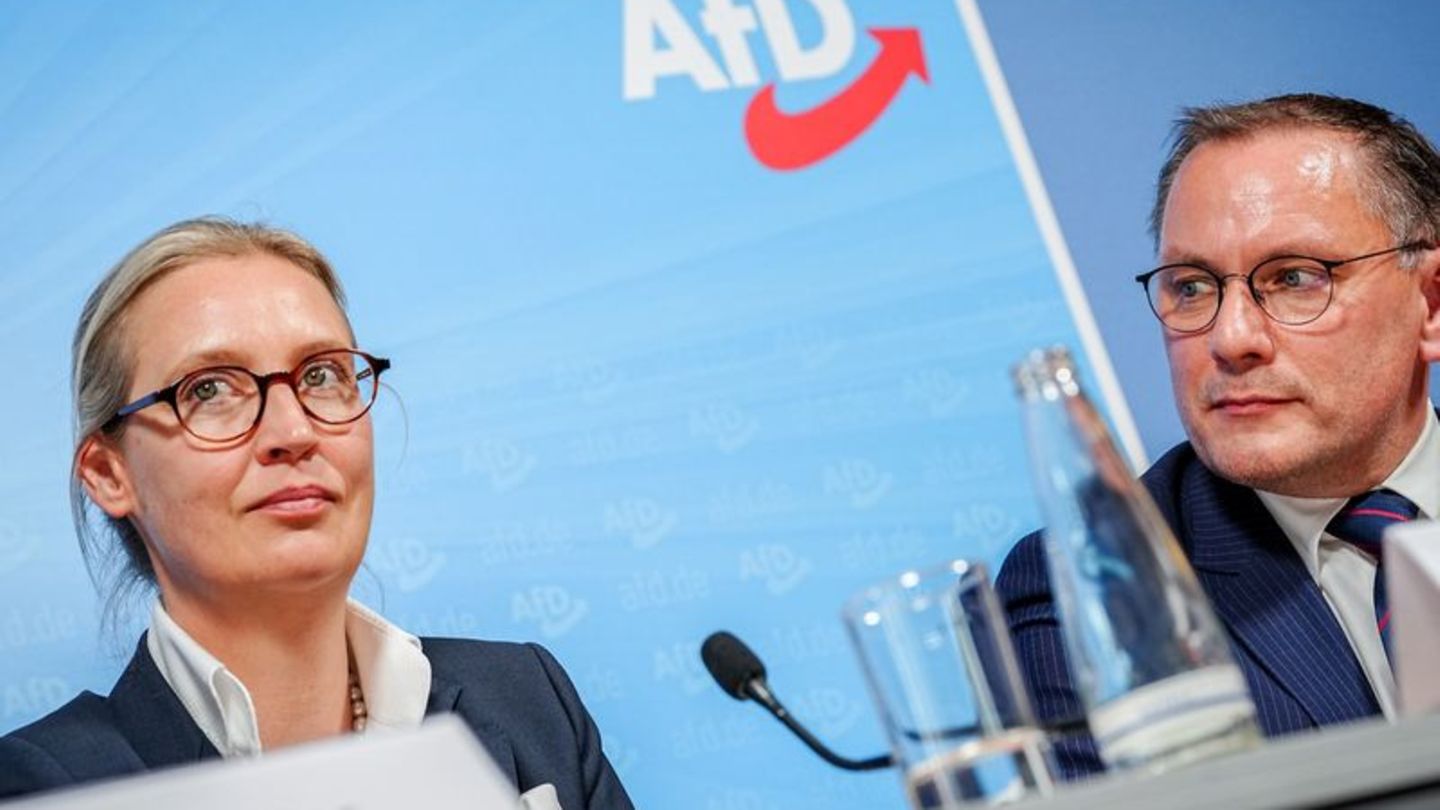 Alice Weidel und Tino Chrupalla. Die AfD-Führung strebt einen Austritt aus dem rechten Parteienbündnis an und vermeidet damit eine