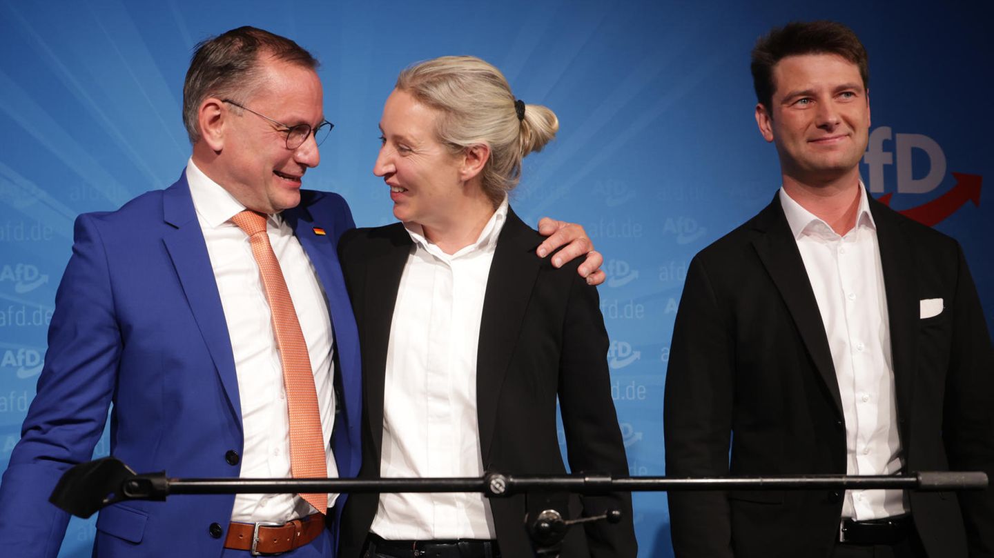 Die AfD-Vorsitzenden Tino Chrupalla und Alice Weidel mit dem designierten Delegationsleiter René Aust