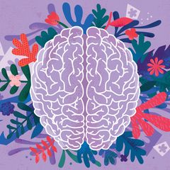 Illustration eines Gehirns umgeben von Blumen und Ranken