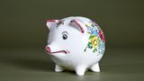 Ein mit Blumen verziertes traurig schauendes Sparschwein von Hans Eichel