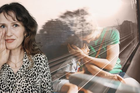 Collage zeigt: Katja Lewina vor einem Bild von einem Zugfenster und einer Mutter mit ihrem Kind