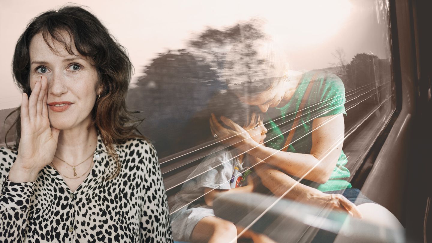Eltern Collage zeigt: Katja Lewina vor einem Bild von einem Zugfenster und einer Mutter mit ihrem Kind