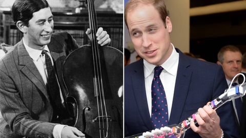 König Charles III. trat früher mit seinem Cello auf, sein Sohn William griff 2014 bei einem Termin gekonnt zu einer Gitarre.