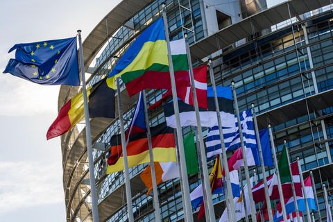 Die Flaggen der EU-Staaten und der Ukraine wehen vor dem Gebäude des Europäischen Parlaments in Straßburg
