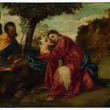 Foto vom Gemälde: Joseph sitzt links, Maria mit dem Jesuskind im Arm in der Mitte, beide rasten fein gekleidet unter einem Baum