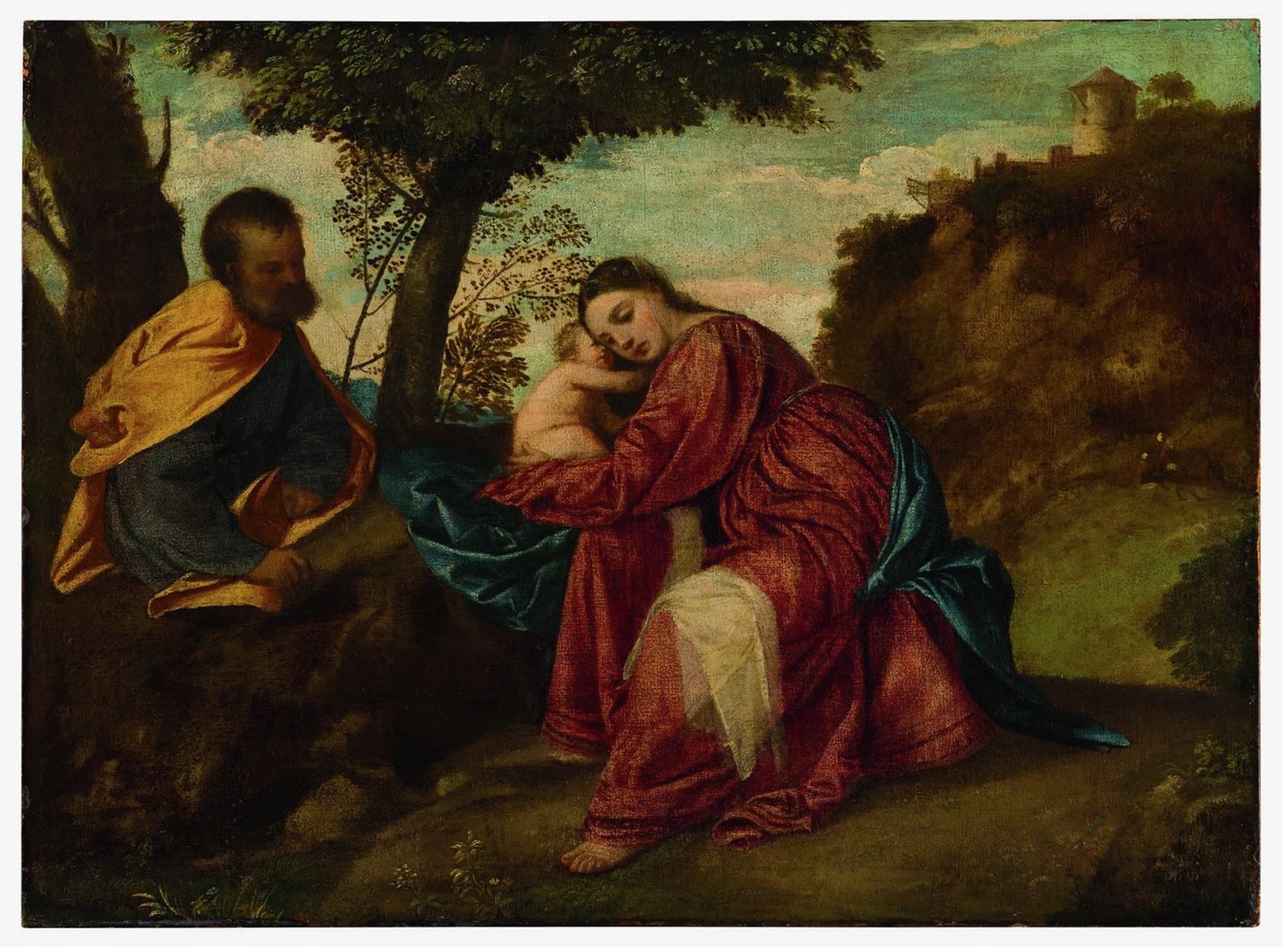 Foto vom Gemälde: Joseph sitzt links, Maria mit dem Jesuskind im Arm in der Mitte, beide rasten fein gekleidet unter einem Baum