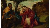Foto vom Gemälde: Joseph sitzt links, Maria mit dem Jesuskind im Arm in der Mitte, beide rasten fein gekleidet unter einem Baum