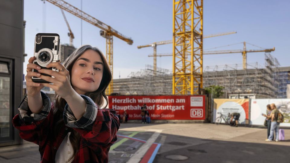 Collage: Emily steht vor der Baustelle des Stuttgarter Hauptbahnhofes