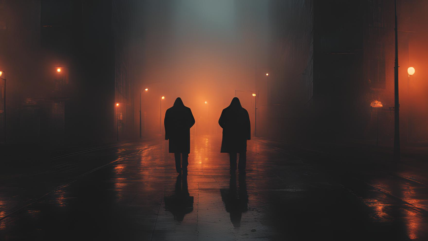 KI-generiertes Bild zeigt zwei Männer in einer dunklen Straße, mit wenigen orangfarbenen Straßenlampen