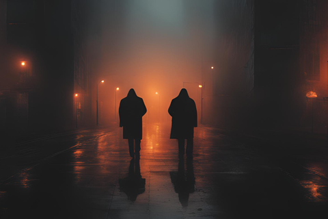 KI-generiertes Bild zeigt zwei Männer in einer dunklen Straße, mit wenigen orangfarbenen Straßenlampen