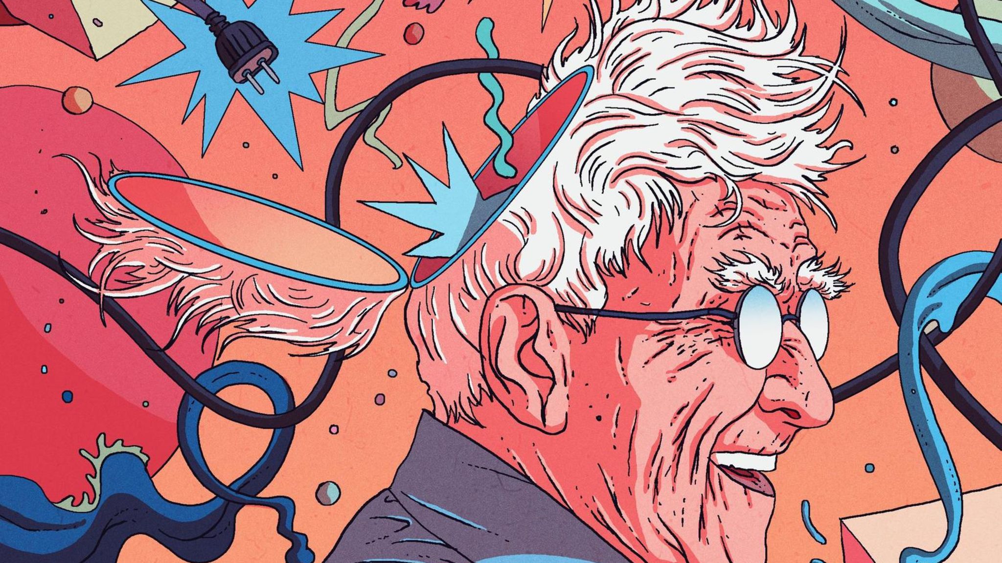 Illustration Schizophrenie: Der Kopf eines alten Mannes ist offen und verkabelt