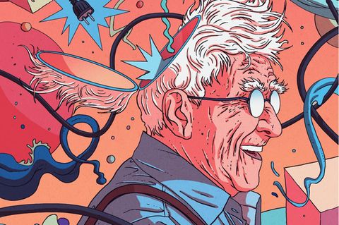 Illustration Schizophrenie: Der Kopf eines alten Mannes ist offen und verkabelt