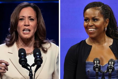 US-Vizepräsidentin Kamala Harris (l.) und die frühere First Lady Michelle Obama