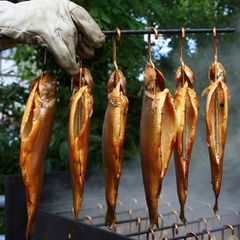 Fisch räuchern: Fertig geräucherte Fische hängen an einem Haken