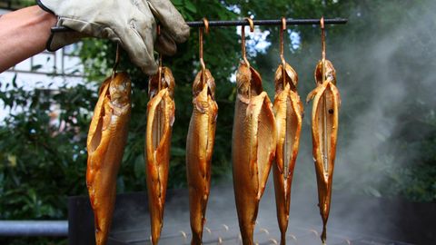 Fisch räuchern: Fertig geräucherte Fische hängen an einem Haken