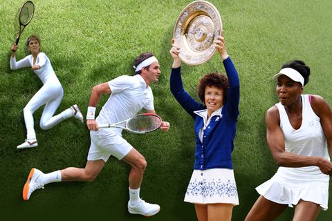 Collage: Anne White, Roger Federer, Billie Jean King und Serena Williams in Wimbledon