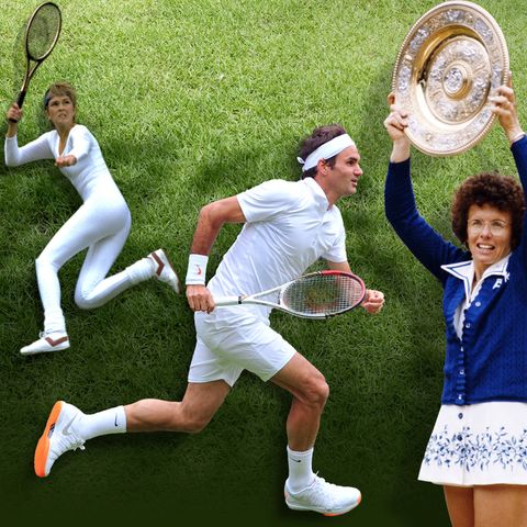 Collage: Anne White, Roger Federer, Billie Jean King und Serena Williams in Wimbledon