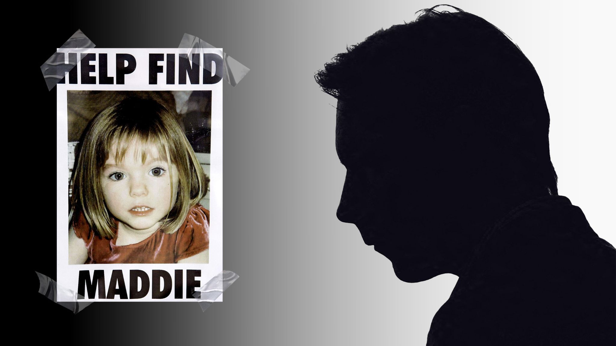 Collage aus dem Vermisstenbild von Maddie McCain und der Silhouette des Verdächtigen
