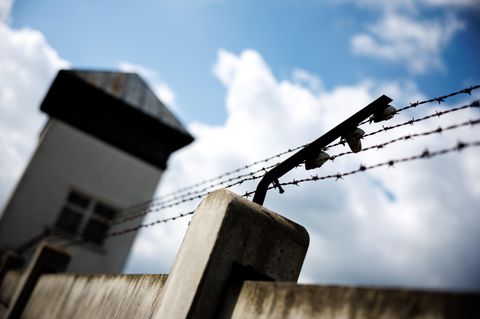 Der Stacheldrahtzaun an der Außenmauer des Konzentrationslagers Dachau