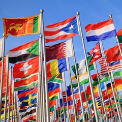Viele Nationalflaggen wehen an Fahnenmasten