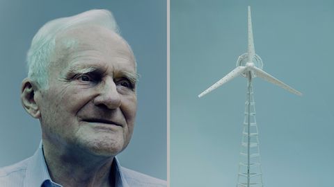 Links: Erfinder Horst Bendix. Rechts: Das Modell seines Höhenwindrads