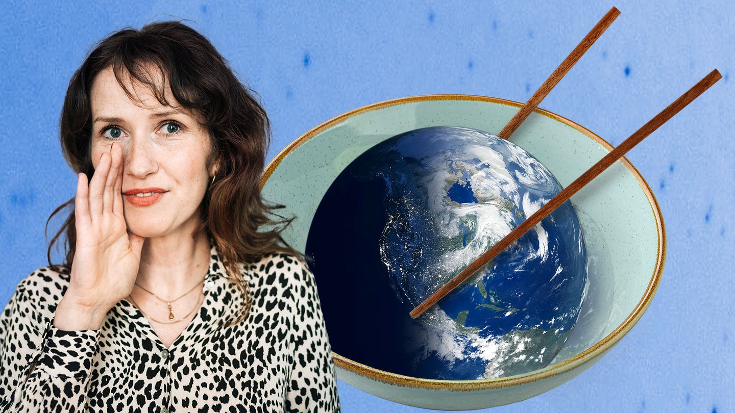 Collage zeigt ein Portrait von Katha Lewina neben einer Asiatischen Suppenschale mit der Weltkugel darin
