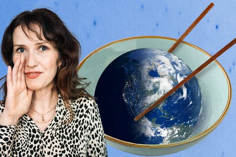 Collage zeigt ein Portrait von Katha Lewina neben einer Asiatischen Suppenschale mit der Weltkugel darin