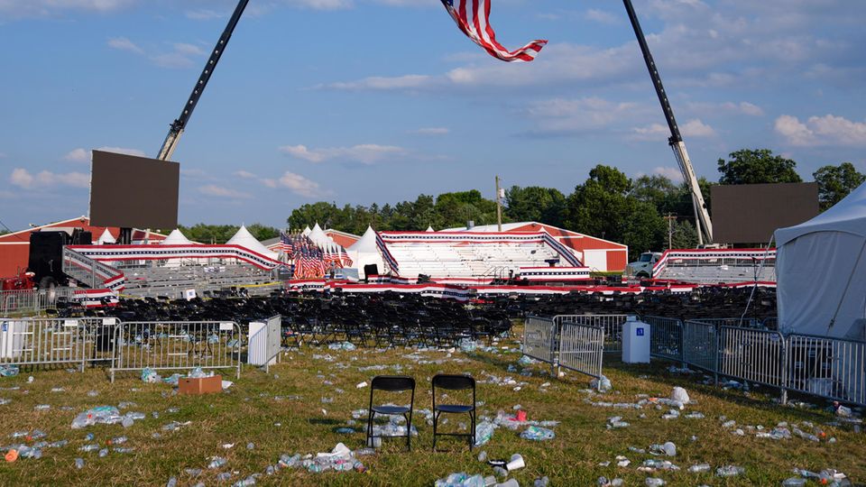 Emptiness and chaos: View of the abandoned grounds of the campaign rally in Butler, Pennsylvania