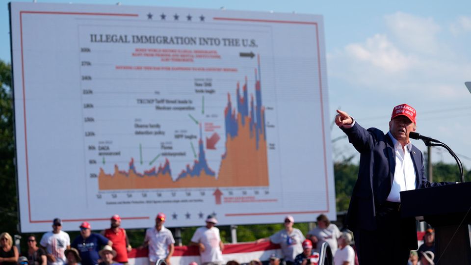 Donald Trump zeigt bei einer Wahlkampfveranstaltung auf eine Tafel mit Zahlen zur illegalen Immigration in die USA