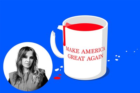 Collage: Ein Foto der Kolumnistin Jagoda Marinic neben einer Tasse mit dem Donald-Trump-Slogan "Make America Great Again"